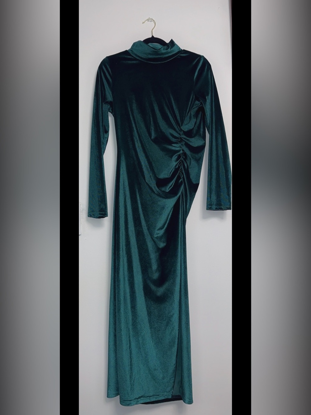 Women’s Green Velvet High Neck Long Sleeve Ruched Stretch Side Slit Midi XL